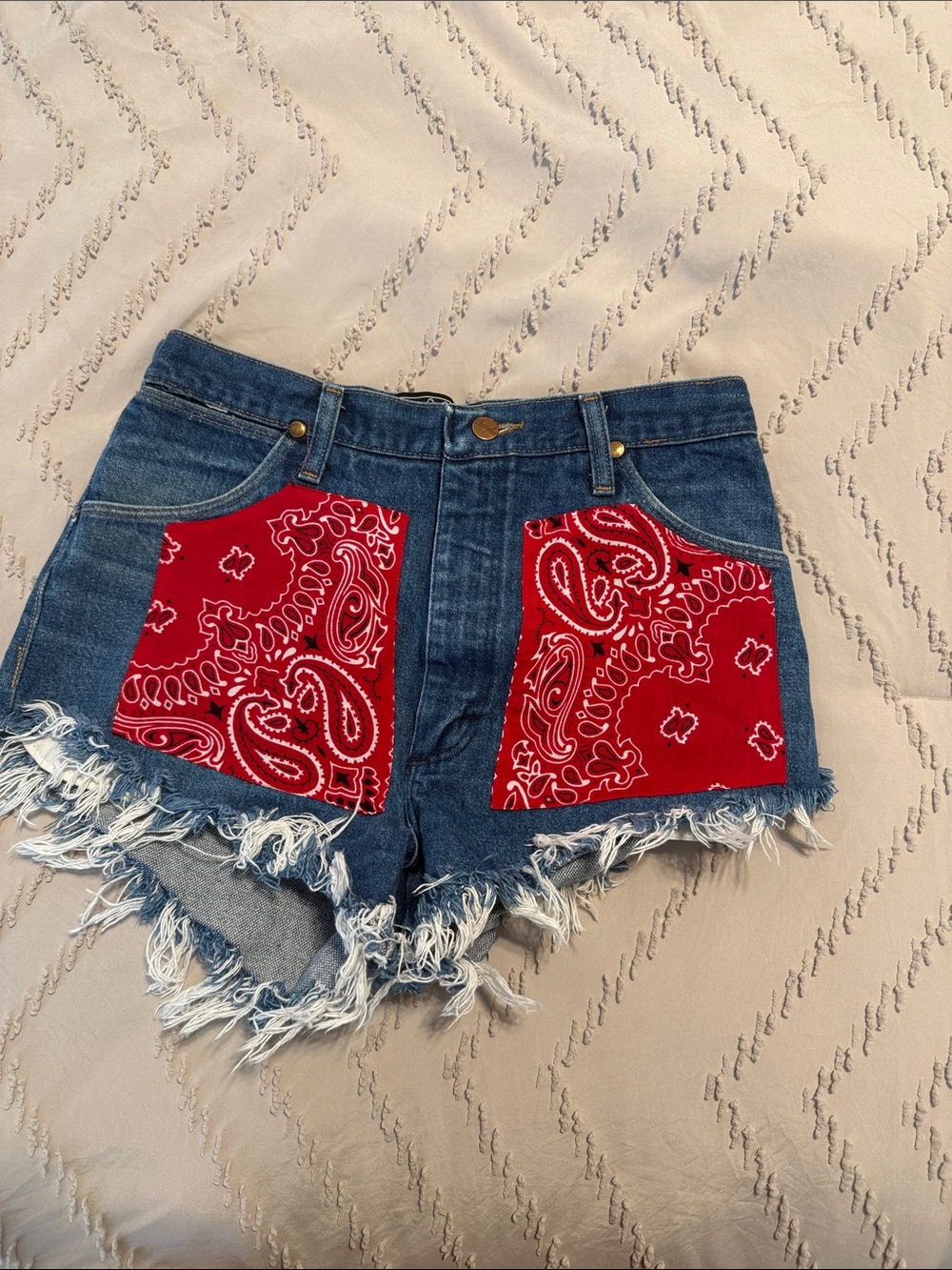 Wrangler Blue Denim Shorts with Red Bandana Patch Pockets